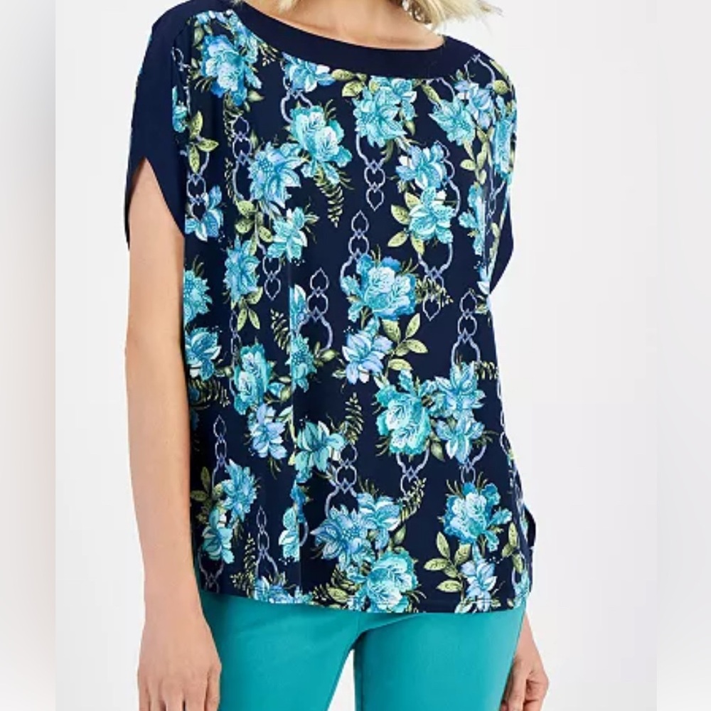 JM Collection Navy Floral Print Short Sleeve Blouse with Teal Accents